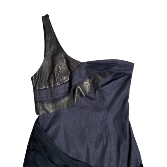 Alice + Olivia Black One Shoulder Cotton Silk Leather Dress Womens Size M - Picture 2 of 12